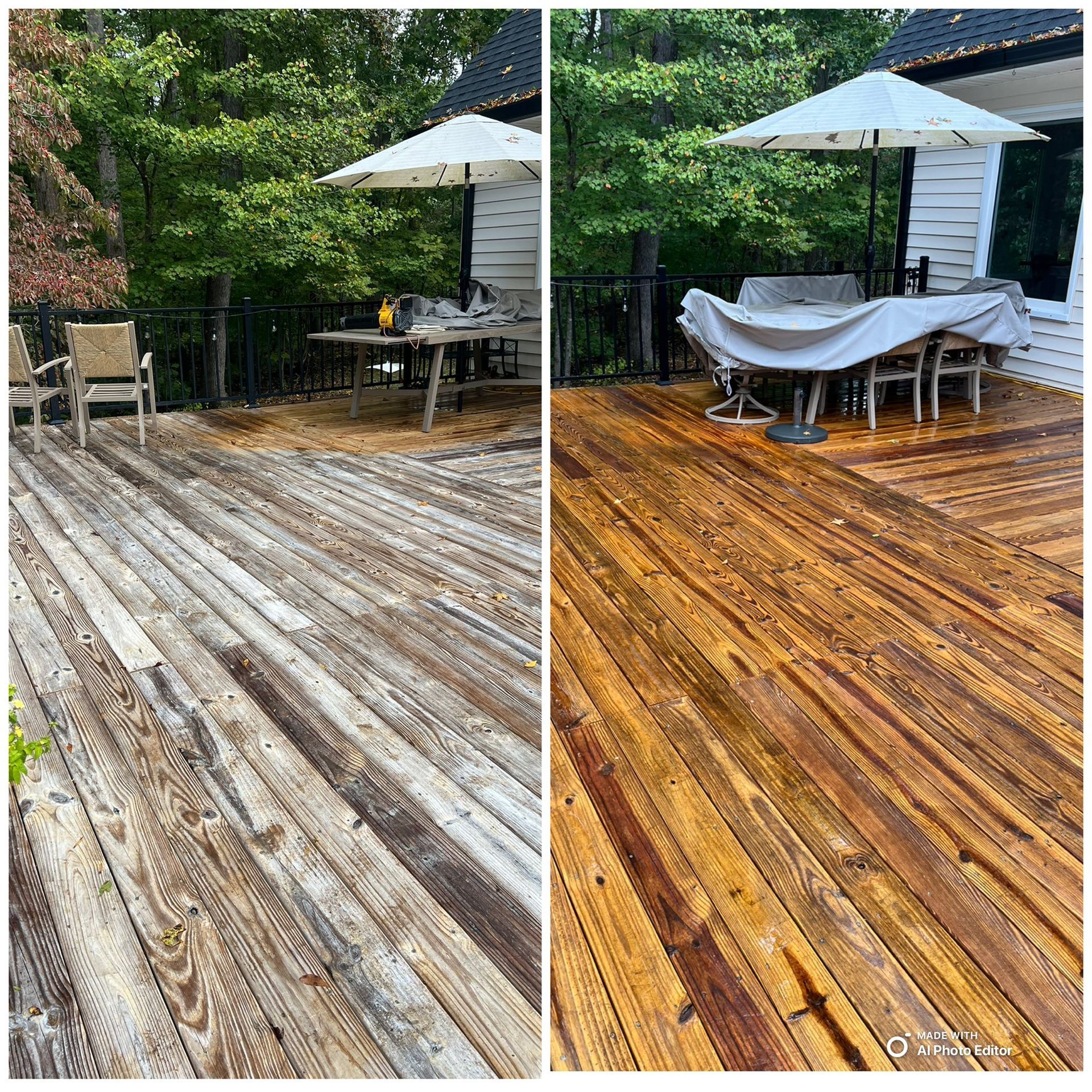 A before-and-after view of a wooden deck. The left side is faded; the right side is stained and restored.