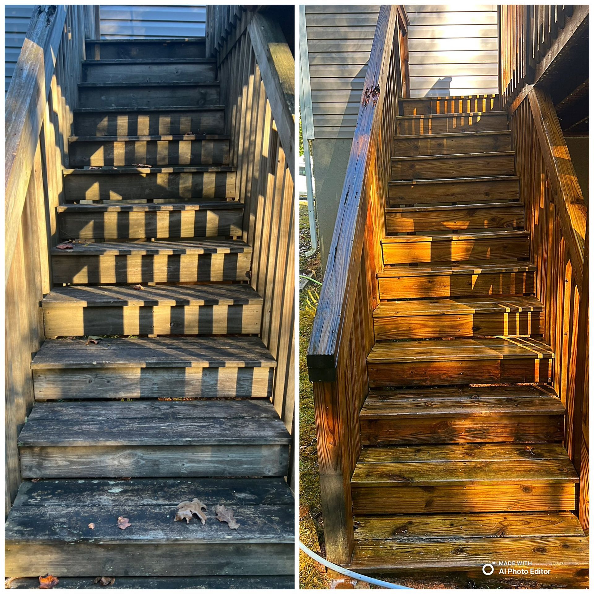Before and after photos of wooden outdoor stairs; the right side is clean and golden.