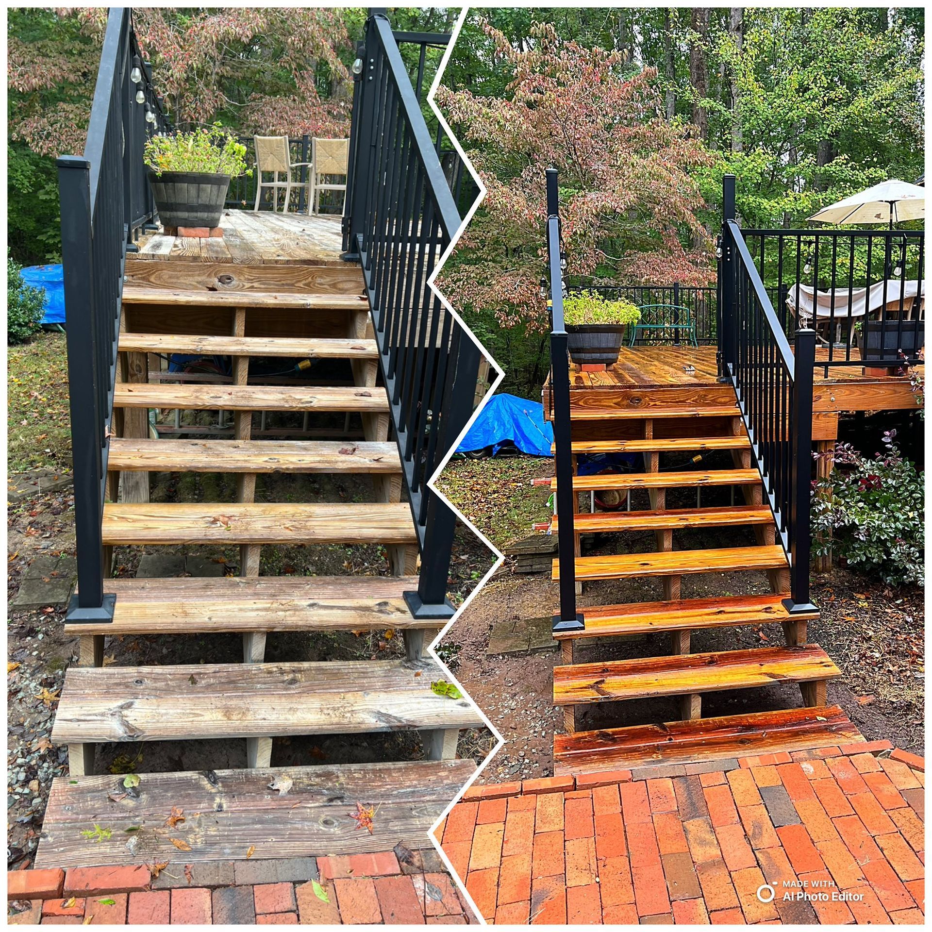 Before and after of wooden stairs stained and new black railings installed.