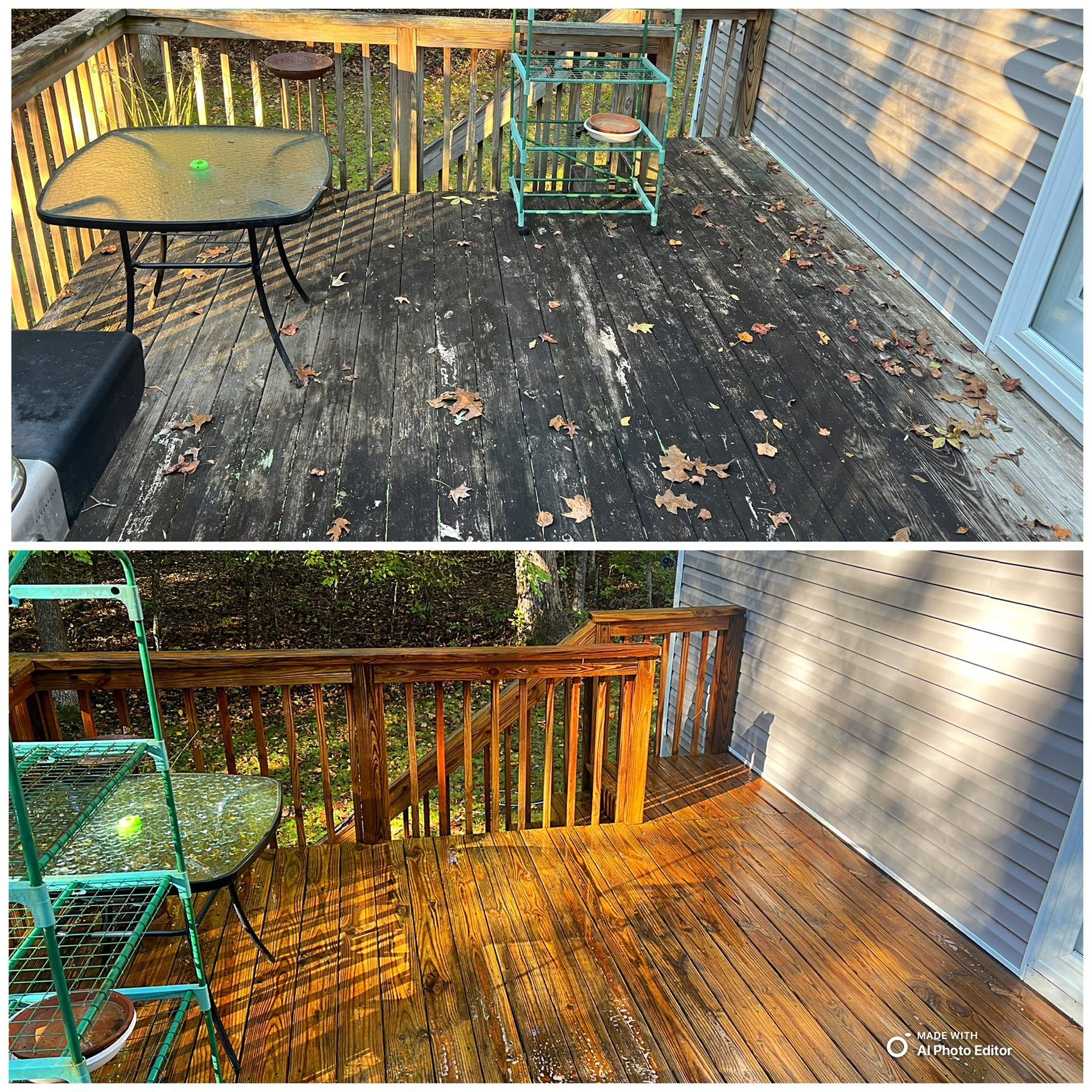 Before-and-after of a wooden deck, the top shows a dirty deck, and the bottom shows the deck stained and clean.