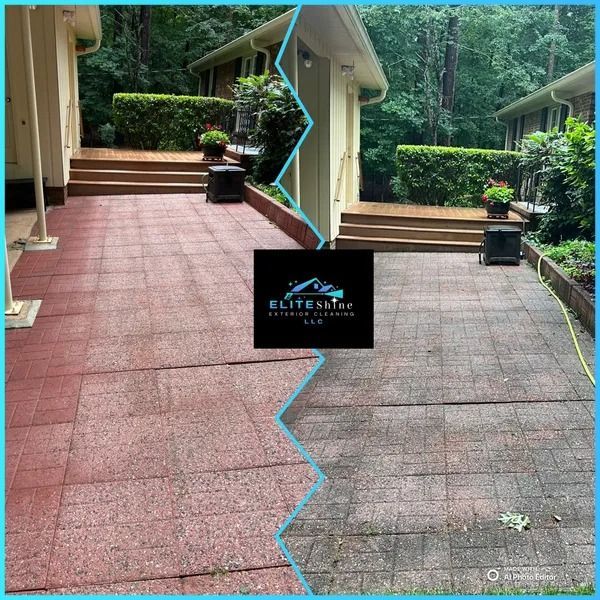 Power washed patio: Before (dirty) and after (clean) comparison. Red tiles on the left, gray on the right.