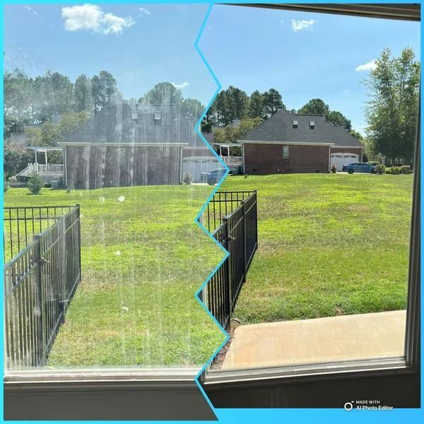 A window split shows a dirty left side and a clean right side with a view of a house and yard.