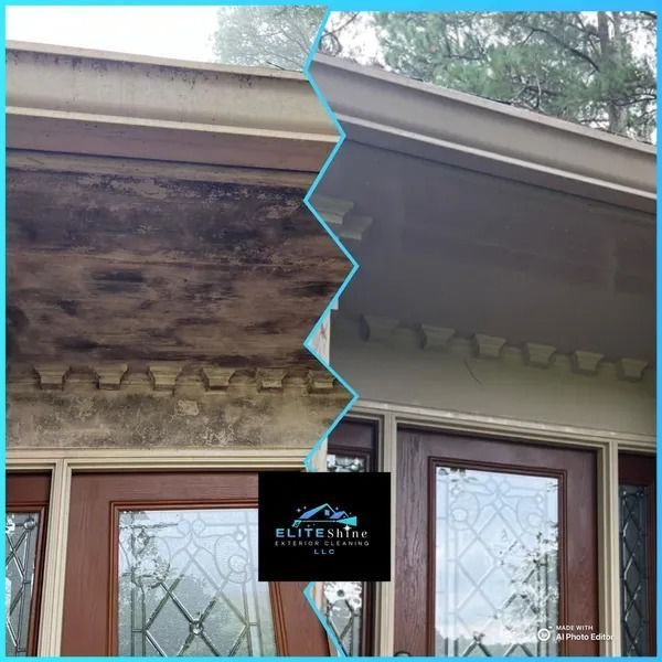 Before-and-after exterior cleaning showing a house trim that's dirty vs. freshly cleaned.
