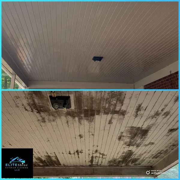 Before and after of a porch ceiling. Top: clean, beige. Bottom: dirty, moldy, beige.