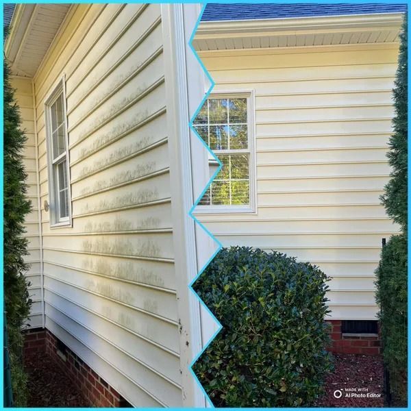 Side-by-side comparison of a house's siding before and after pressure washing, showing green algae removal.