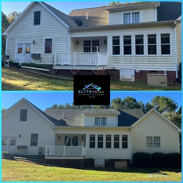 Before-and-after view of a house exterior, cleaned and restored to its original color.