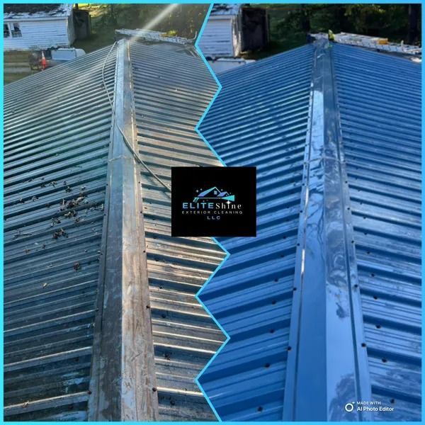 Before and after view of a metal roof, cleaned on right side, showing a dramatic color difference.