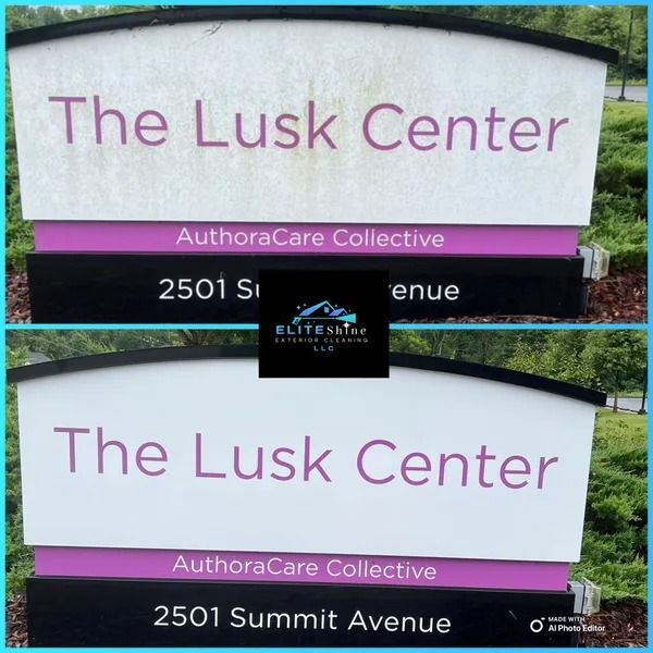 Comparison of a sign before and after cleaning. It reads 