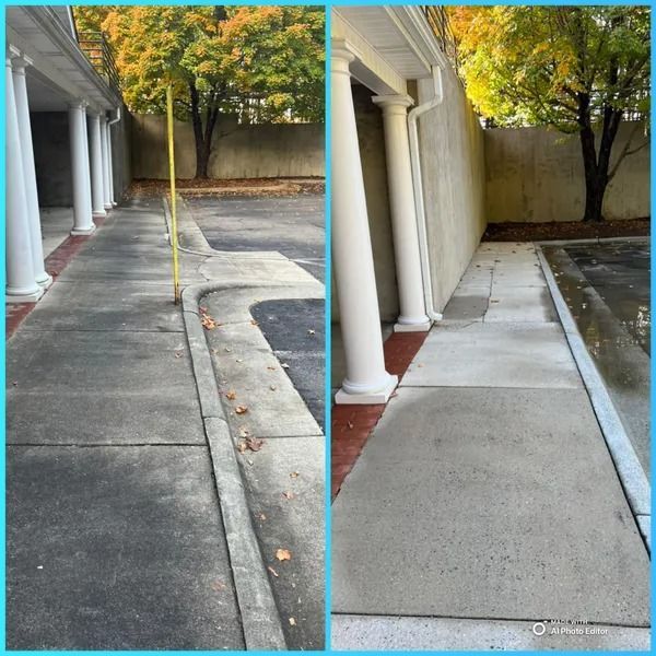 Comparison of a dirty and cleaned concrete sidewalk next to a building with columns.