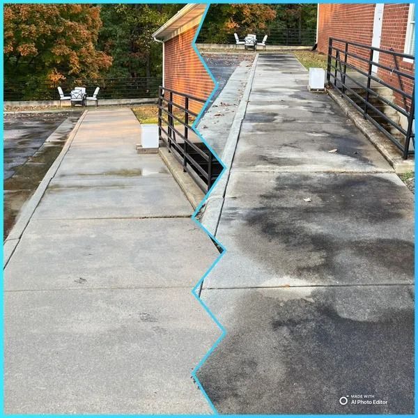 Sidewalk and ramp, before and after power washing. Concrete is clean on the left, stained on the right.