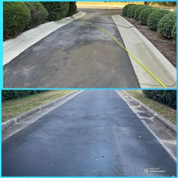 Top: Dirty driveway, bottom: Clean driveway, with concrete curbs and bushes.