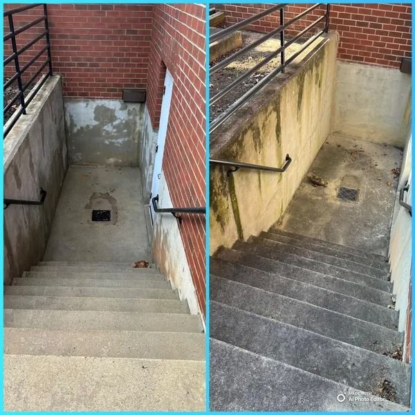 A before-and-after comparison of exterior concrete steps leading down to a basement entrance.