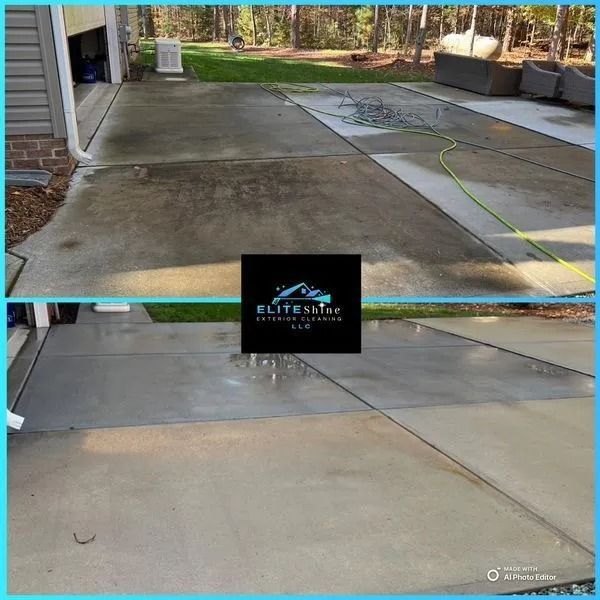 Before and after of a driveway cleaning. The top is dirty, the bottom is clean concrete.