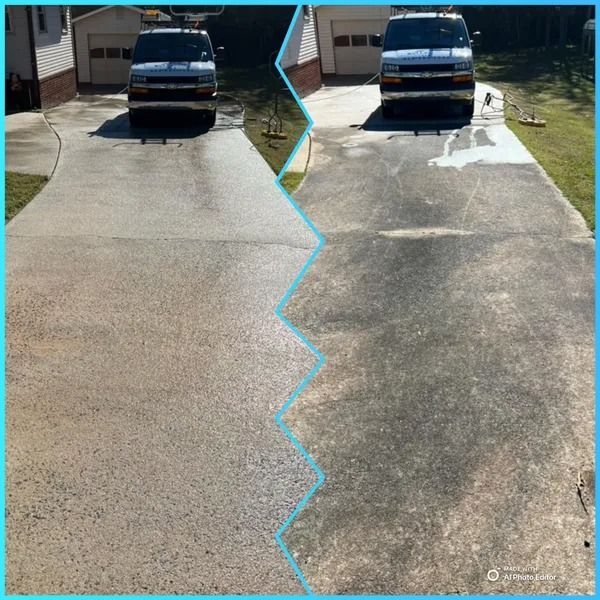 Driveway before and after power washing; showing a clean, light-colored surface next to a dirty, dark one.