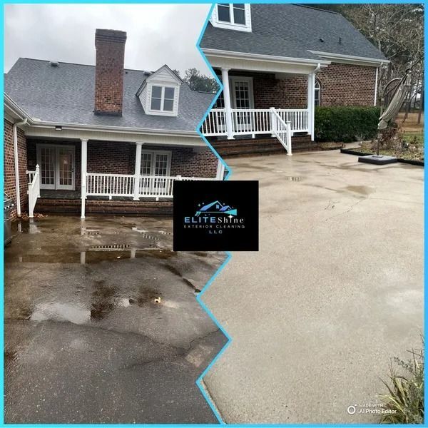 Before and after shot of a house's concrete driveway, cleaned by Elite Exterior Cleaning, LLC.