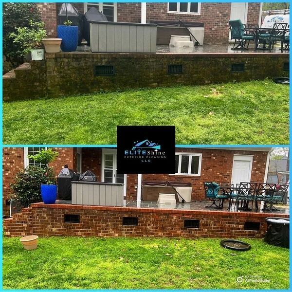 Before-and-after of a brick patio being pressure washed; before, green mold, after, clean brick.