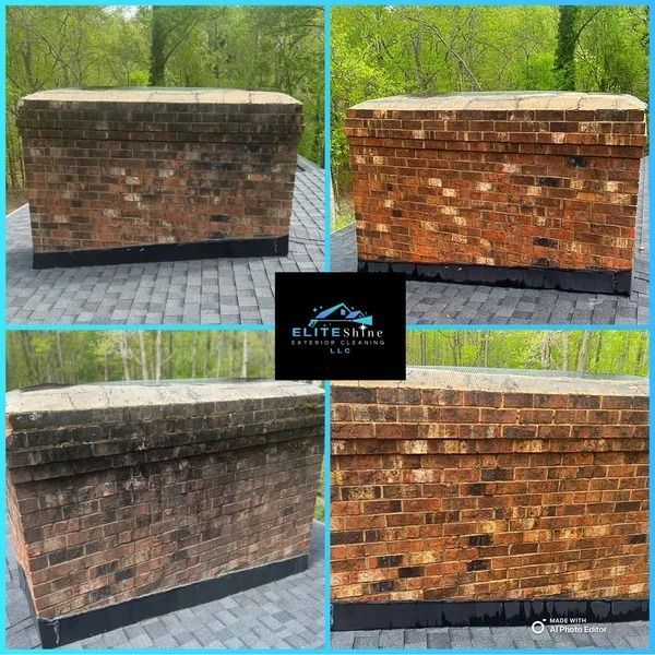 Four photos show a brick chimney before and after cleaning, with the bottom right showing the cleaned brick.