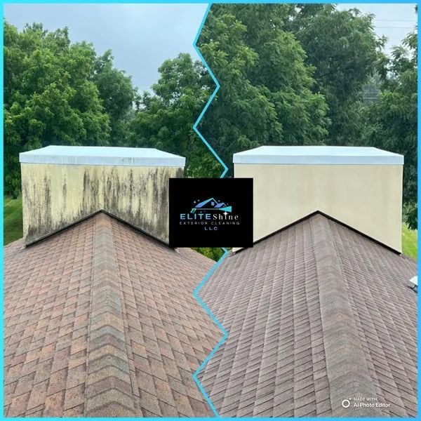 Before and after roof cleaning comparison. Dirty roof and chimney side by side with a clean roof and chimney.