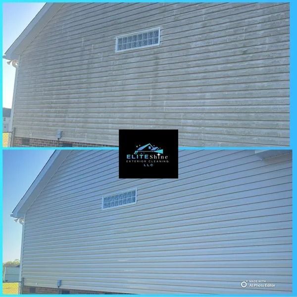 Before and after photos of a house's siding being cleaned, showing a visible difference in cleanliness.