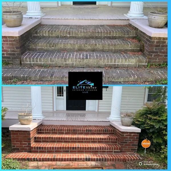 Before and after of brick steps cleaned by a company, showing a visible difference in cleanliness.