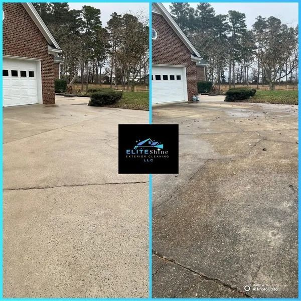 Side-by-side view showing driveway cleaned on the left and dirty on the right.  Residential home in the background.