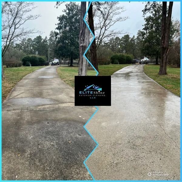 A driveway, half cleaned with pressure washing, showing a stark contrast in color and cleanliness.
