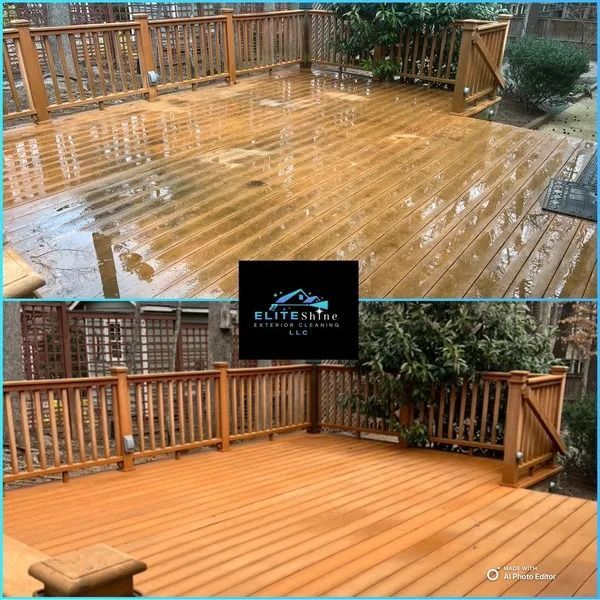 Before and after view of a wooden deck, wet with water, restored to its natural color after cleaning.
