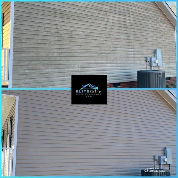 Before and after comparison of a house's siding, cleaned to a lighter color.