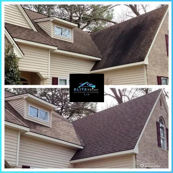 Before and after of a house roof cleaning; brown roof, beige siding, and a clear difference in cleanliness.