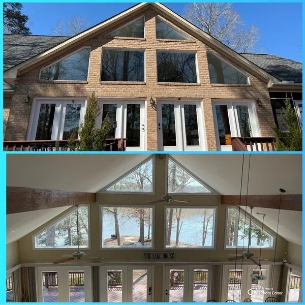 Exterior and interior views of a brick house with large windows and a lakeside view.