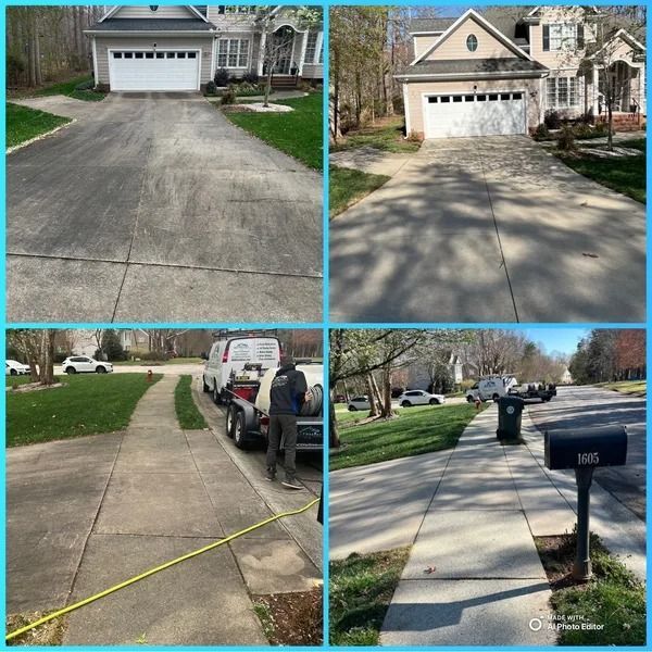 A before and after of driveway and sidewalk cleaning.  Gray concrete driveway/sidewalks, grass, houses and cleaning truck.