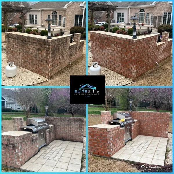 Before and after photos of a brick outdoor kitchen, cleaned by a pressure washing service.