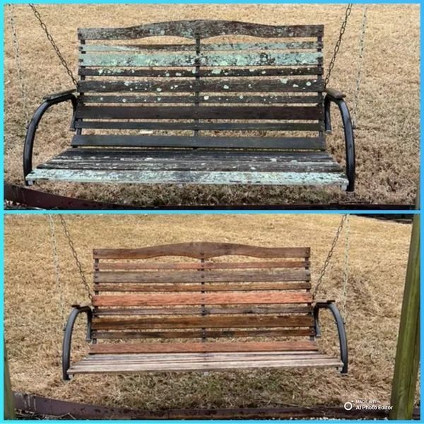 Before and after of a wooden swing set: faded and moldy vs. clean and stained.