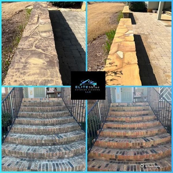 Before and after power washing: retaining wall & brick stairs. Cleaned surfaces are tan/orange, dirty ones are gray.
