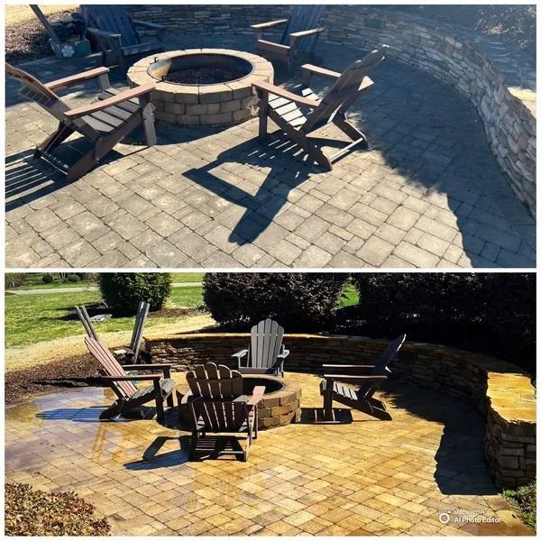 Top: Chairs around a stone fire pit on a paver patio. Bottom: Same scene, different lighting and chair arrangement.