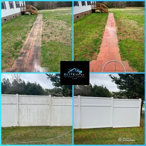 Before and after cleaning of a walkway and fence. The walkway and fence are shown before and after power washing.