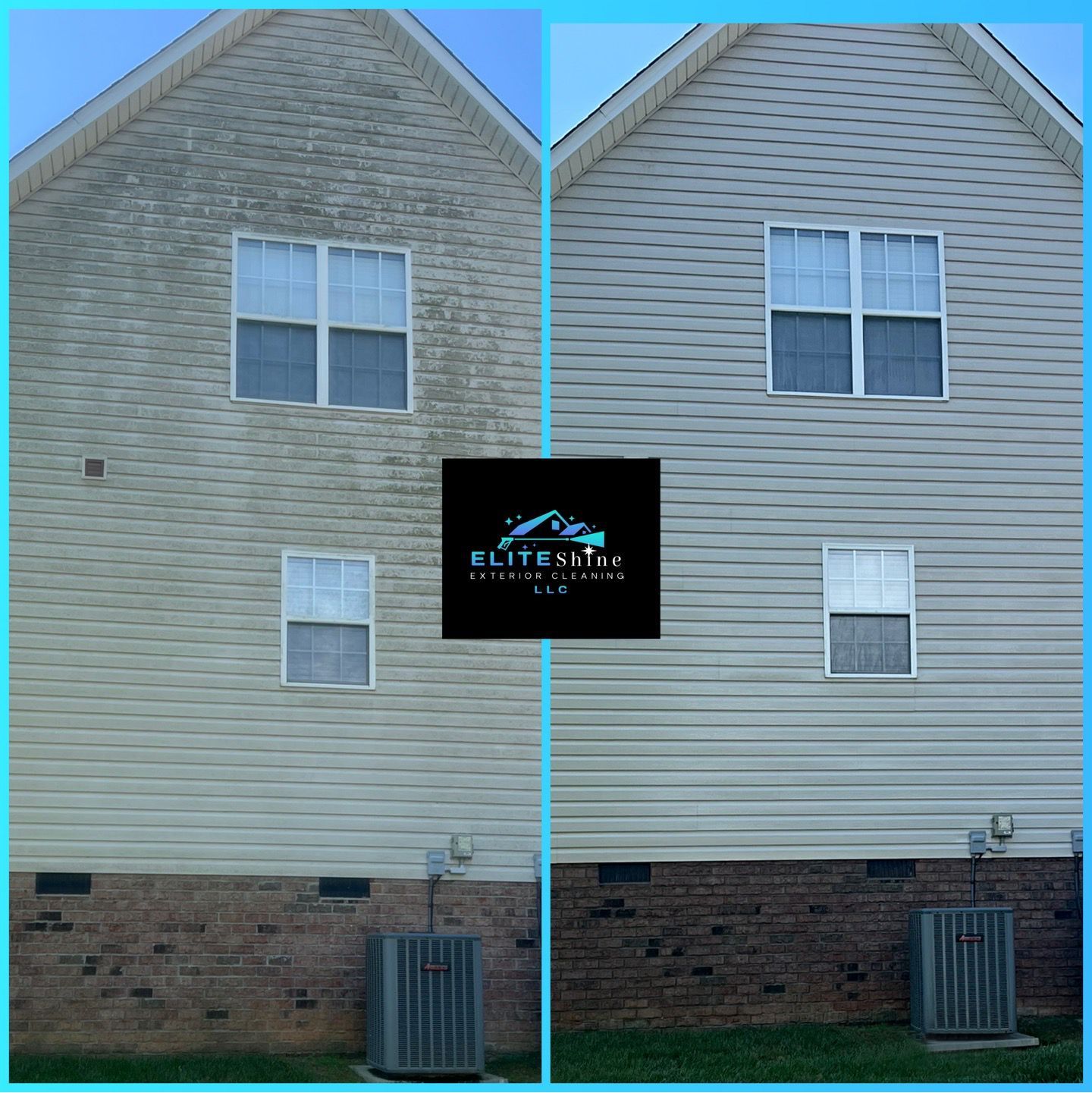 Before and after comparison of a house's siding being pressure washed, showing visible cleaning results.