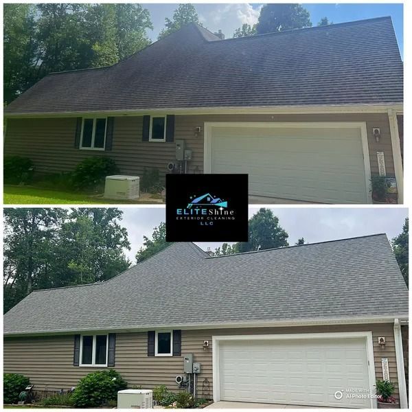 Before and after: Roof cleaning comparison; house with algae covered roof cleaned to show lighter color.