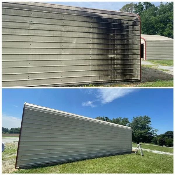 Before and after comparison of a metal shed, showing the transformation after cleaning.