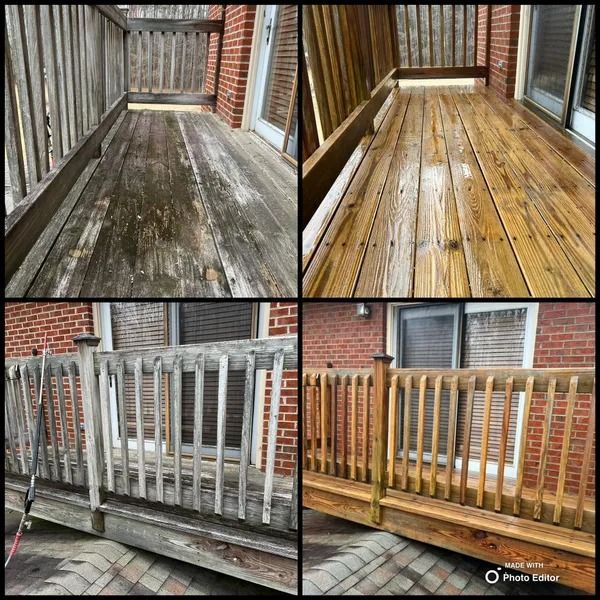 Before and after comparison of a deck, showing cleaning results; weathered wood transformed to a fresh, golden tone.