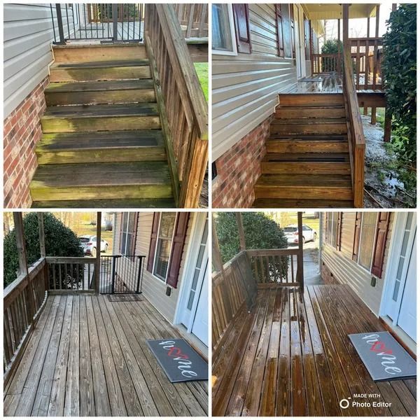 Before and after photos of a wooden porch and steps being pressure washed.