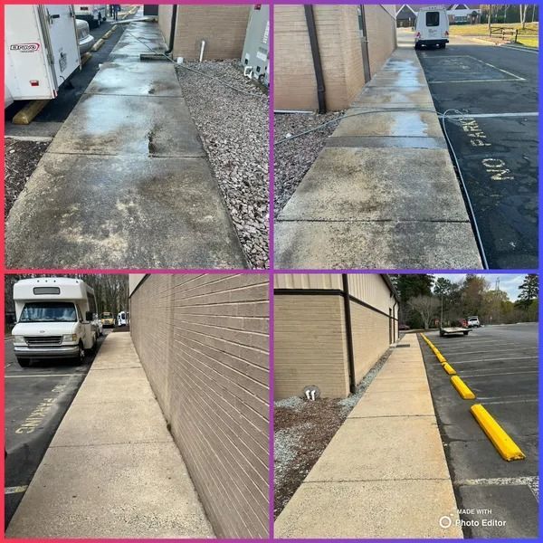 Four photos of a concrete sidewalk alongside a building and parked vehicles; sidewalk in various states.