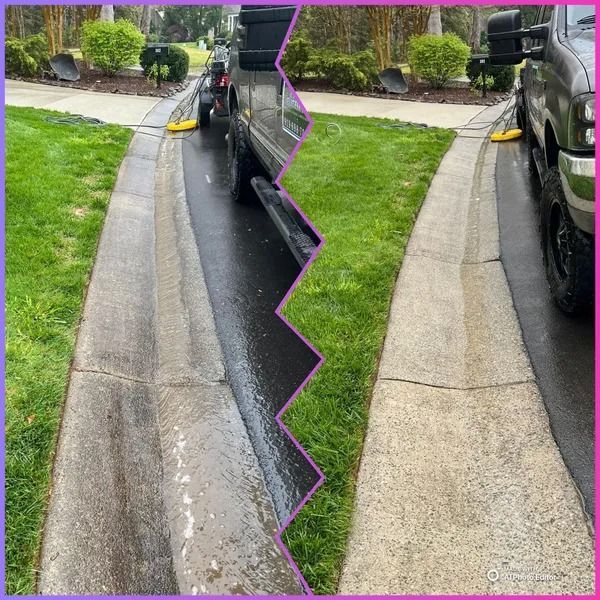 Before and after comparison of driveway curb cleaning; gray truck parked on wet asphalt.