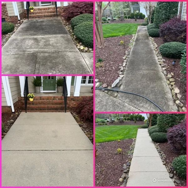 Before and after comparison: dirty concrete walkway cleaned, with landscaping and front porch.