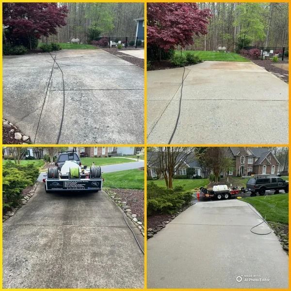 Four-panel collage showing a driveway before and after concrete repair; a truck with equipment applies the concrete.