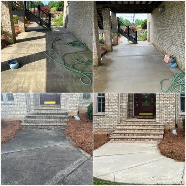 Before and after photos of pressure-washed concrete walkways and steps. Cleaned areas are lighter in color.