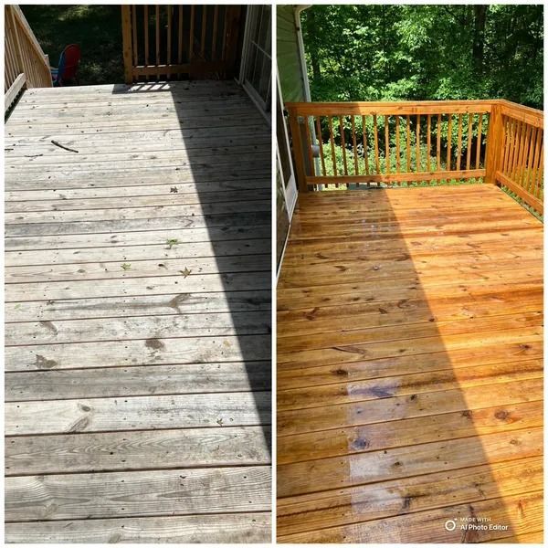Deck before and after being stained; wood planks are now bright orange, rails are stained and the deck is wet.