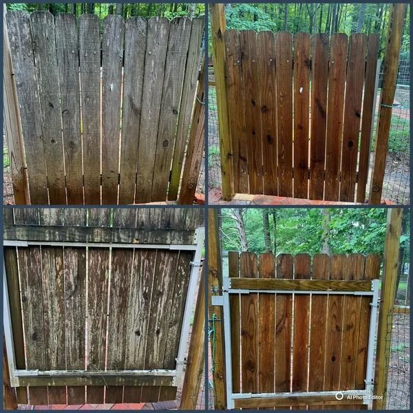 Four photos of a wooden fence; before and after cleaning/staining. Brown and gray planks with some metal framing.
