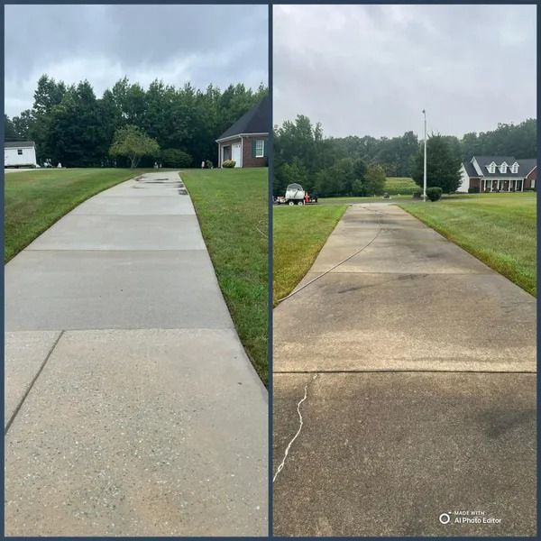 Left: Clean concrete driveway. Right: Dirty concrete driveway. Houses and trees in the background.