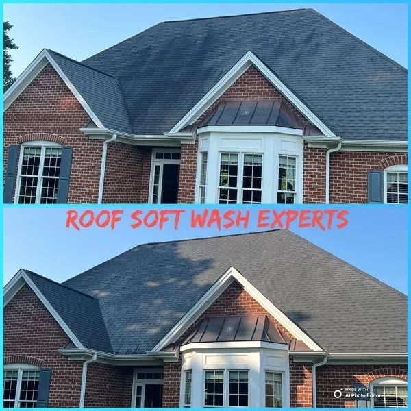 Two-panel comparison: house roof before (dirty) and after (clean) soft wash treatment. Red brick exterior, blue sky.